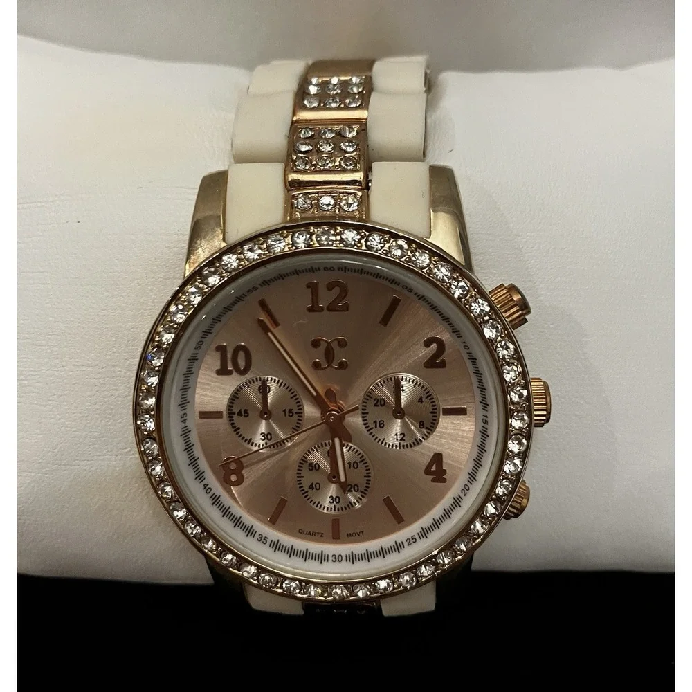Charming Charlie Womens Rhinestone Rose Gold White Acrylic Band Watch Works